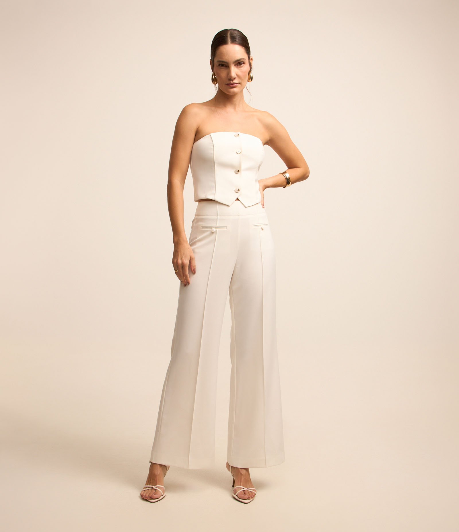 Calça Wide Leg Alfaiatada Cintura Alta com Frisos Branco 1