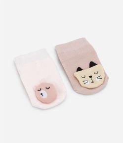 Kit 02 Meias Infantis com Bordado de Gatinho e Ursa - Tam 0 a 12 meses