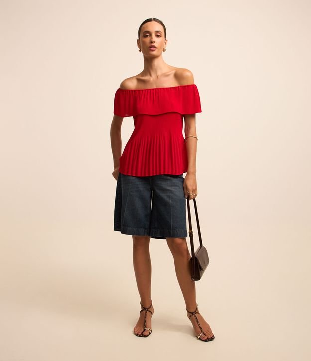 Blusa Ombro a Ombro em Chiffon com Plissado Irregular