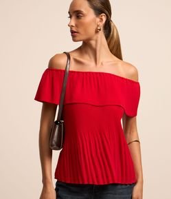 Blusa Ombro a Ombro em Chiffon Plissado Irregular