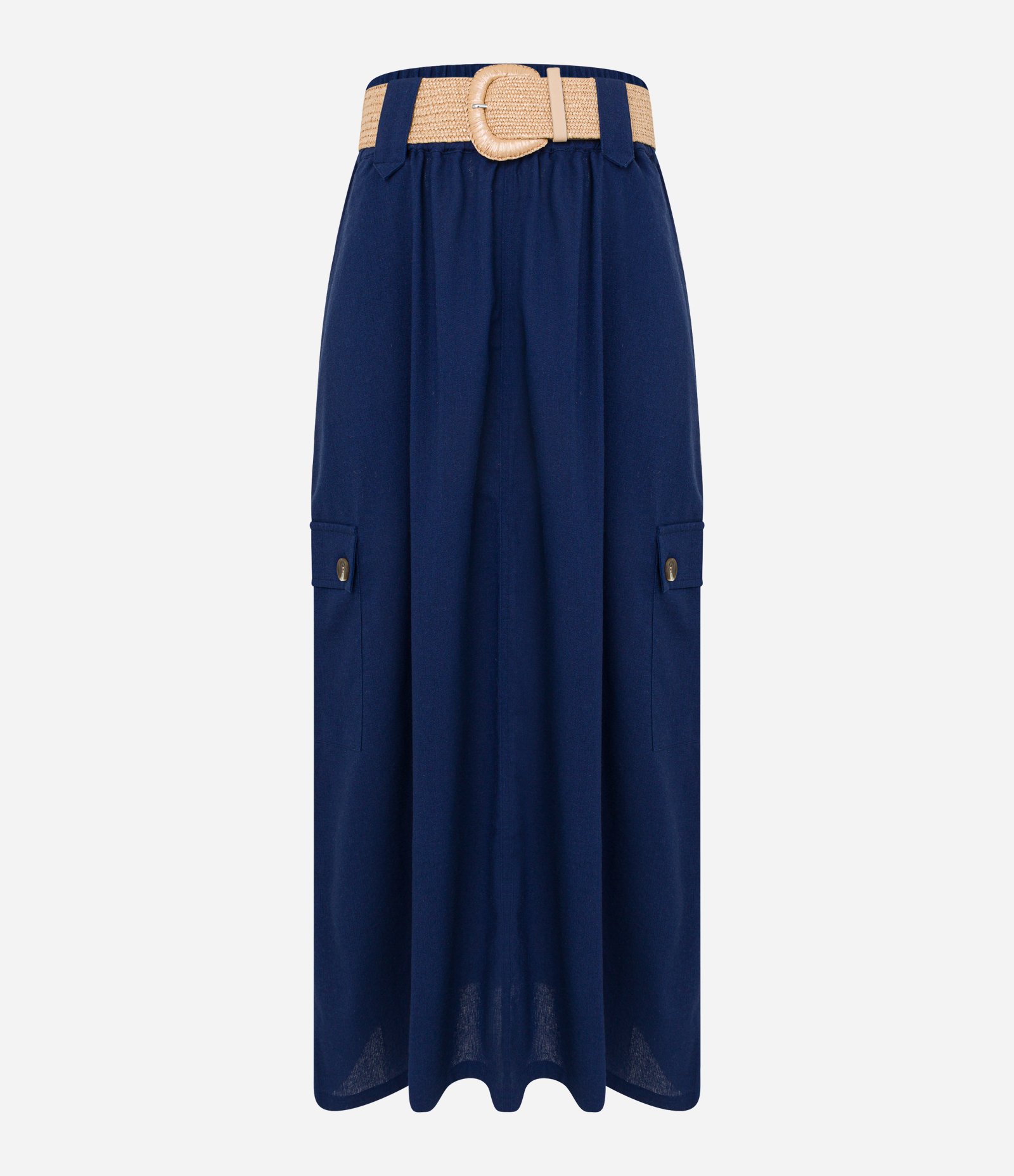 Saia Midi em Viscolinho Com Cinto de Ráfia e Bolsos Cargos Azul 6