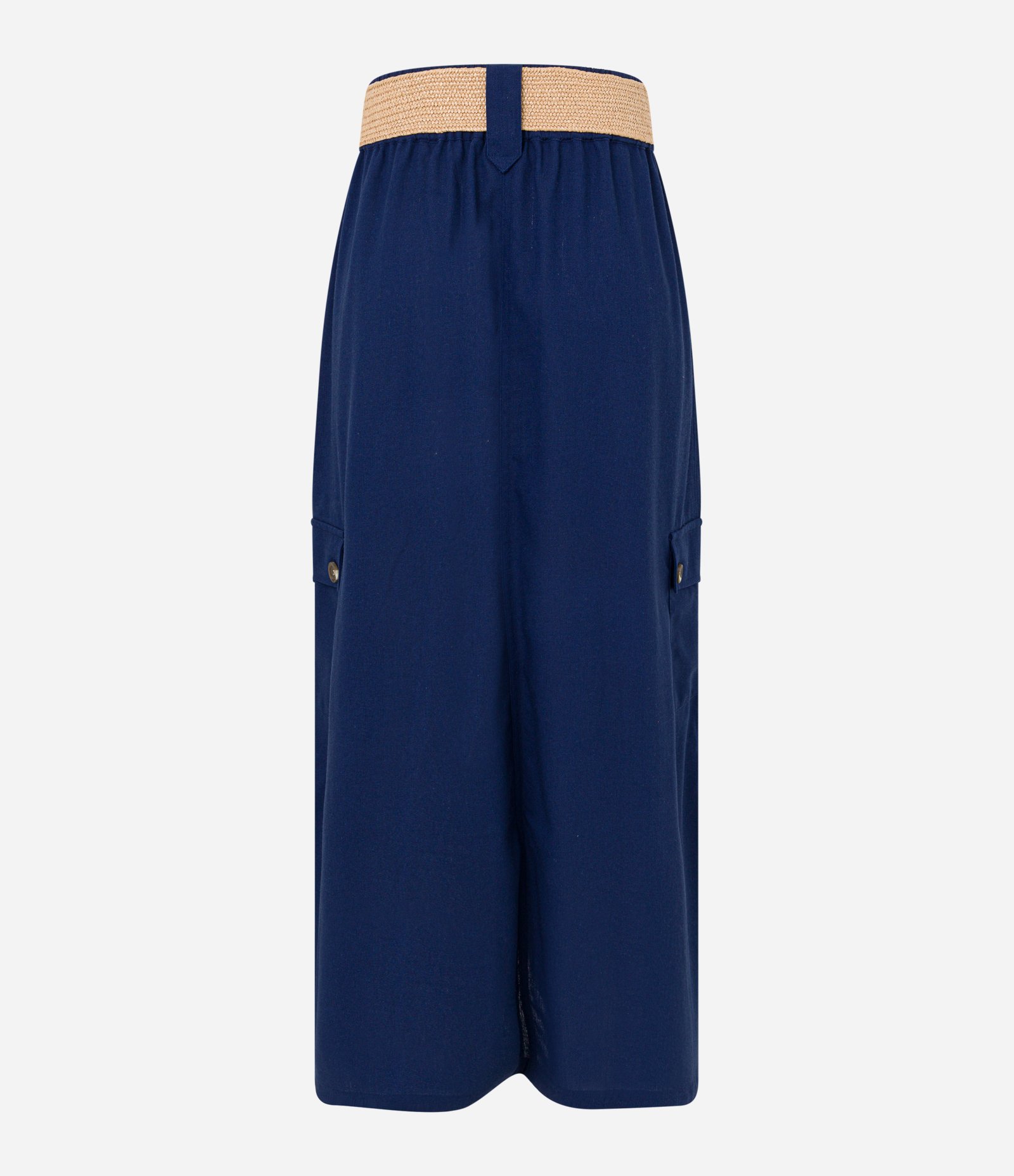 Saia Midi em Viscolinho Com Cinto de Ráfia e Bolsos Cargos Azul 7