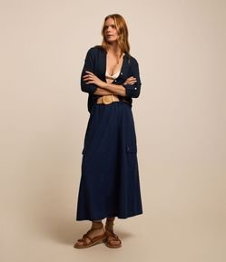 Saia Midi em Viscolinho Com Cinto de Ráfia e Bolsos Cargos