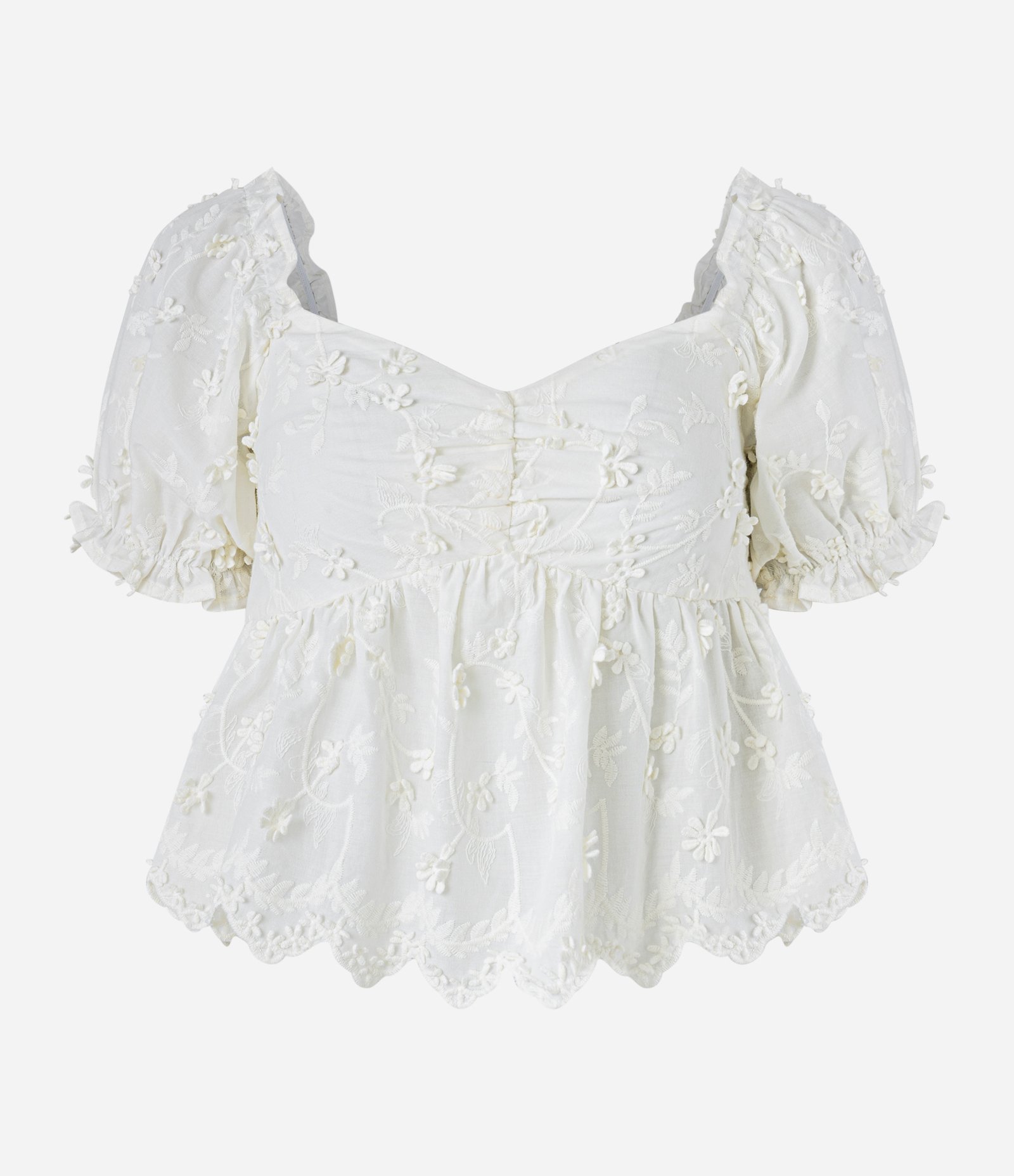 Blusa em Tricoline com Franzido no Busto e Flores 3D Branco Neve 5