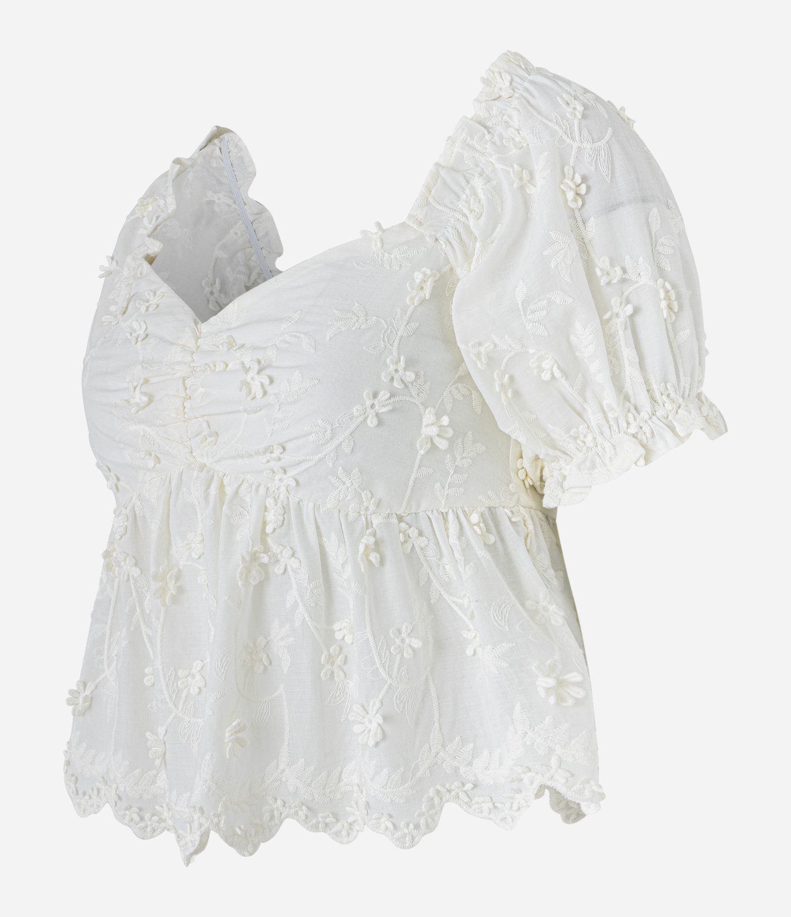 Blusa em Tricoline com Franzido no Busto e Flores 3D Branco Neve 6