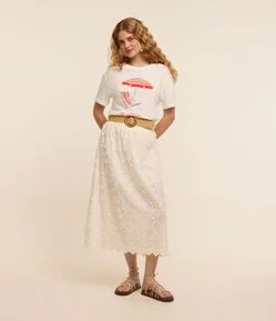 Saia Midi em Tricoline com Florezinhas 3D