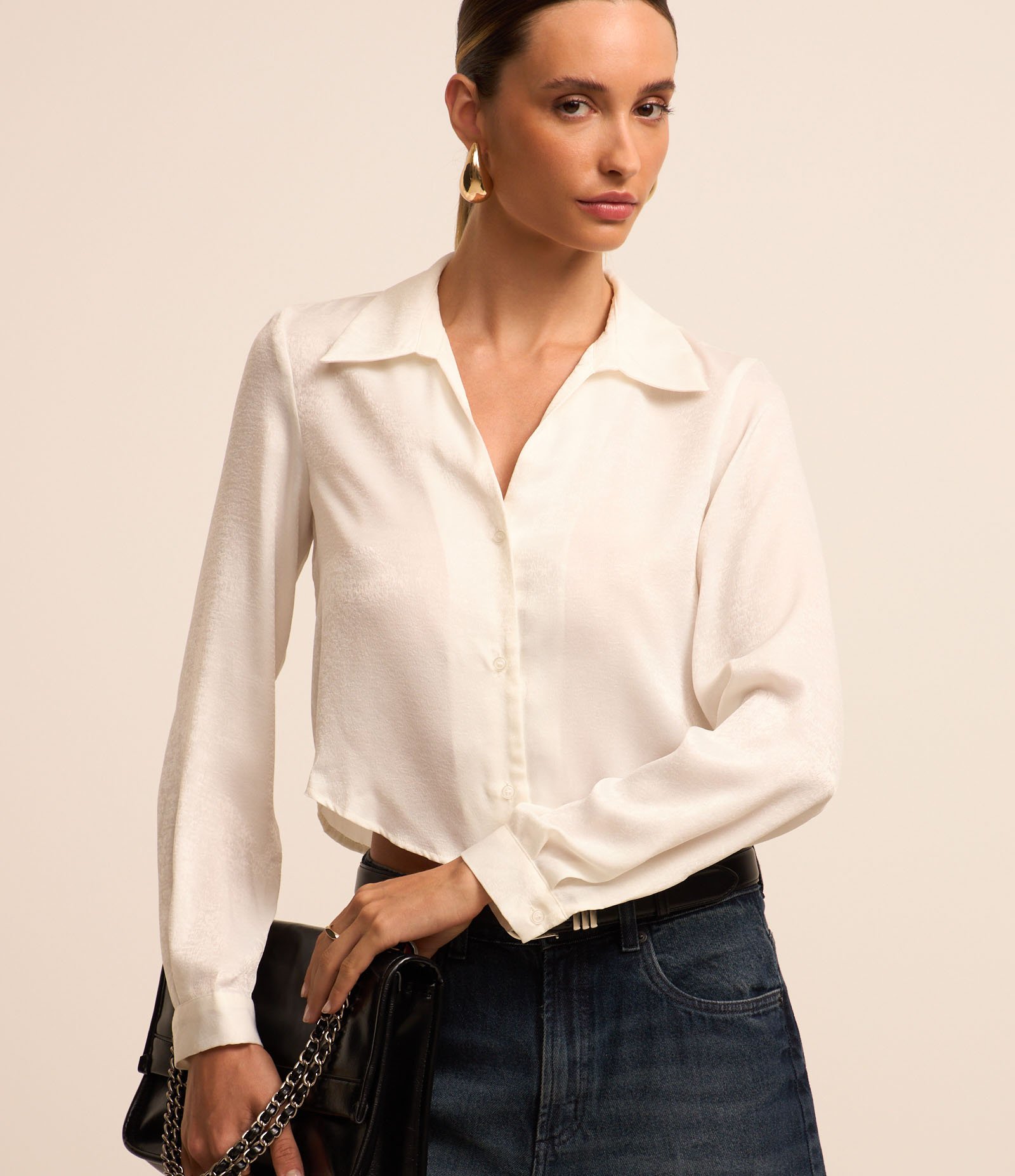 Camisa em Tecido Acetinado com Texturas Branco 2