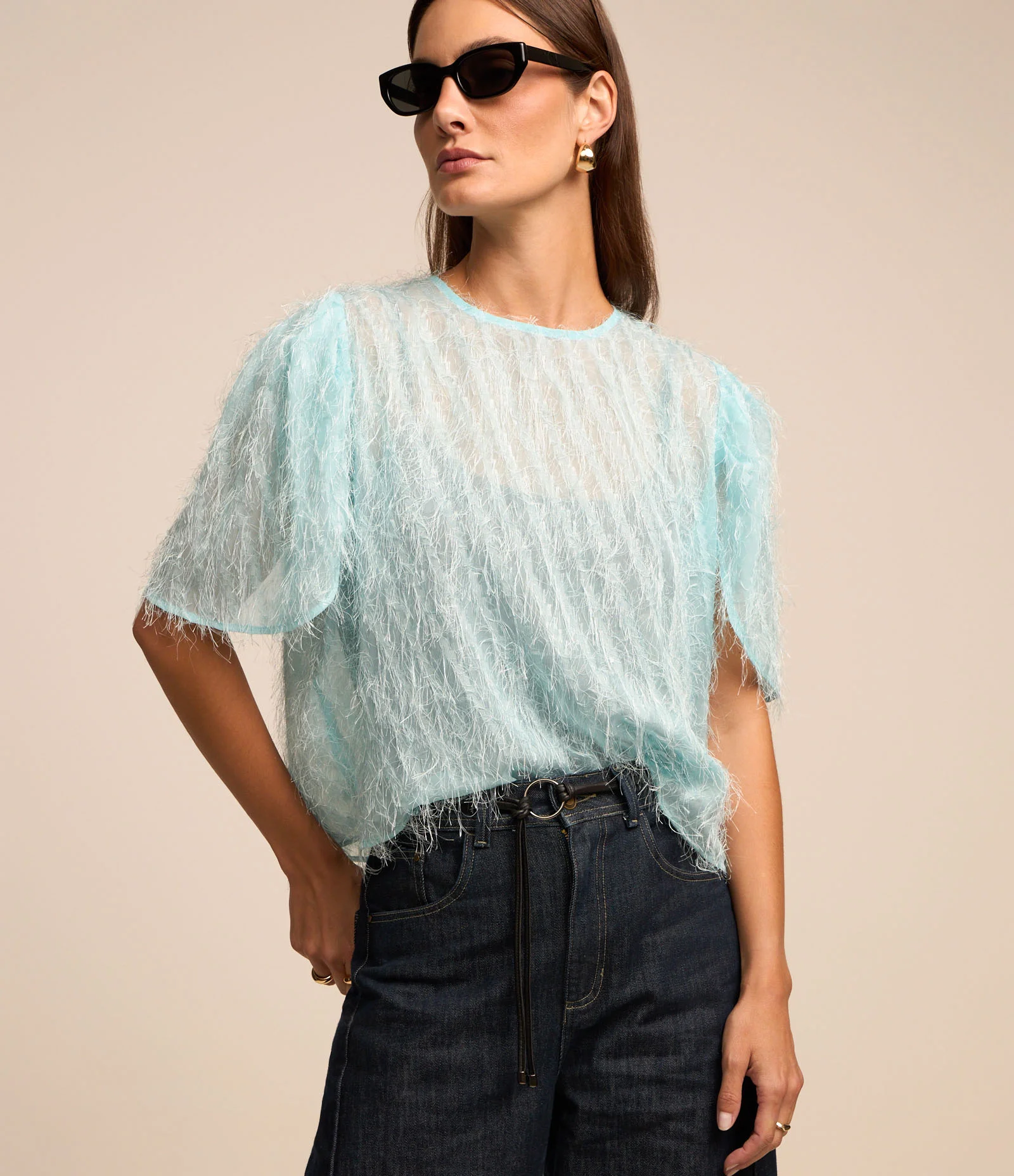 Blusa Manga Curta em Chiffon com Pelinhos Azul Pastel 1