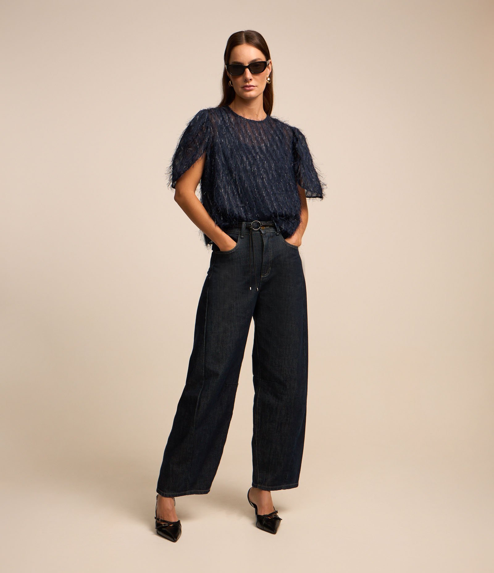 Blusa Manga Curta em Chiffon com Pelinhos Azul 3