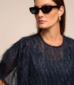 Blusa Manga Curta em Chiffon com Pelinhos