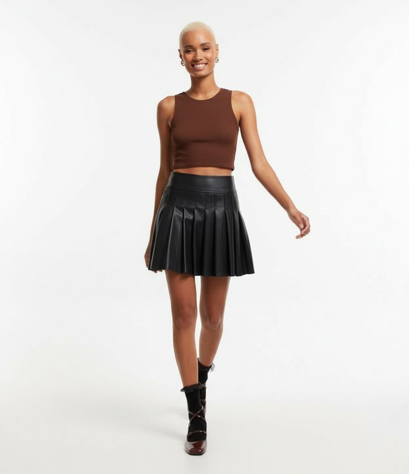 Blusa Cropped sem Manga em Algodão com Textura Canelada Marrom Escuro 5