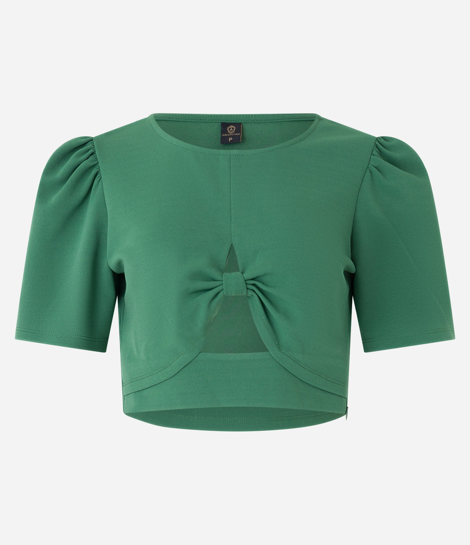 Blusa Cropped em Crepe com Manga Bufante e Detalhe Vazado Verde 4
