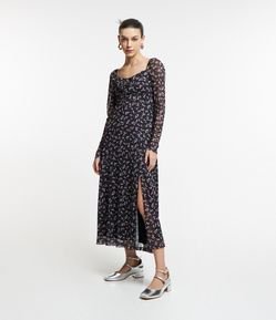 Vestido Midi em Tule Floral Liberty com Amarração no Decote