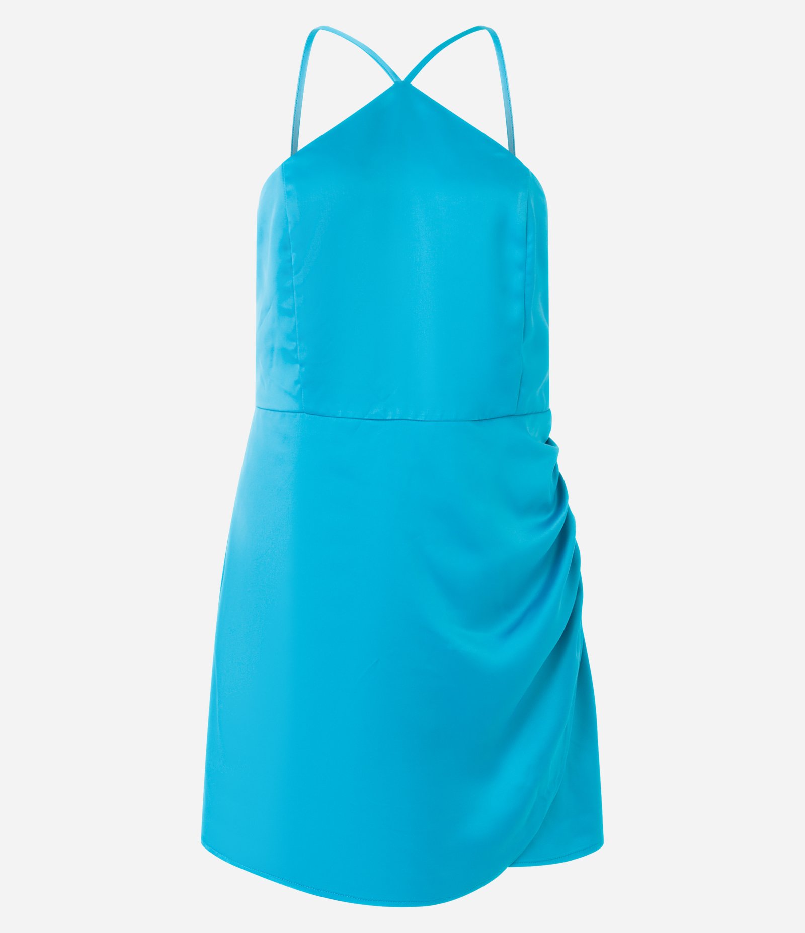 Vestido Curto Acetinado com Decote Halter e Saia Transpassada Azul 5