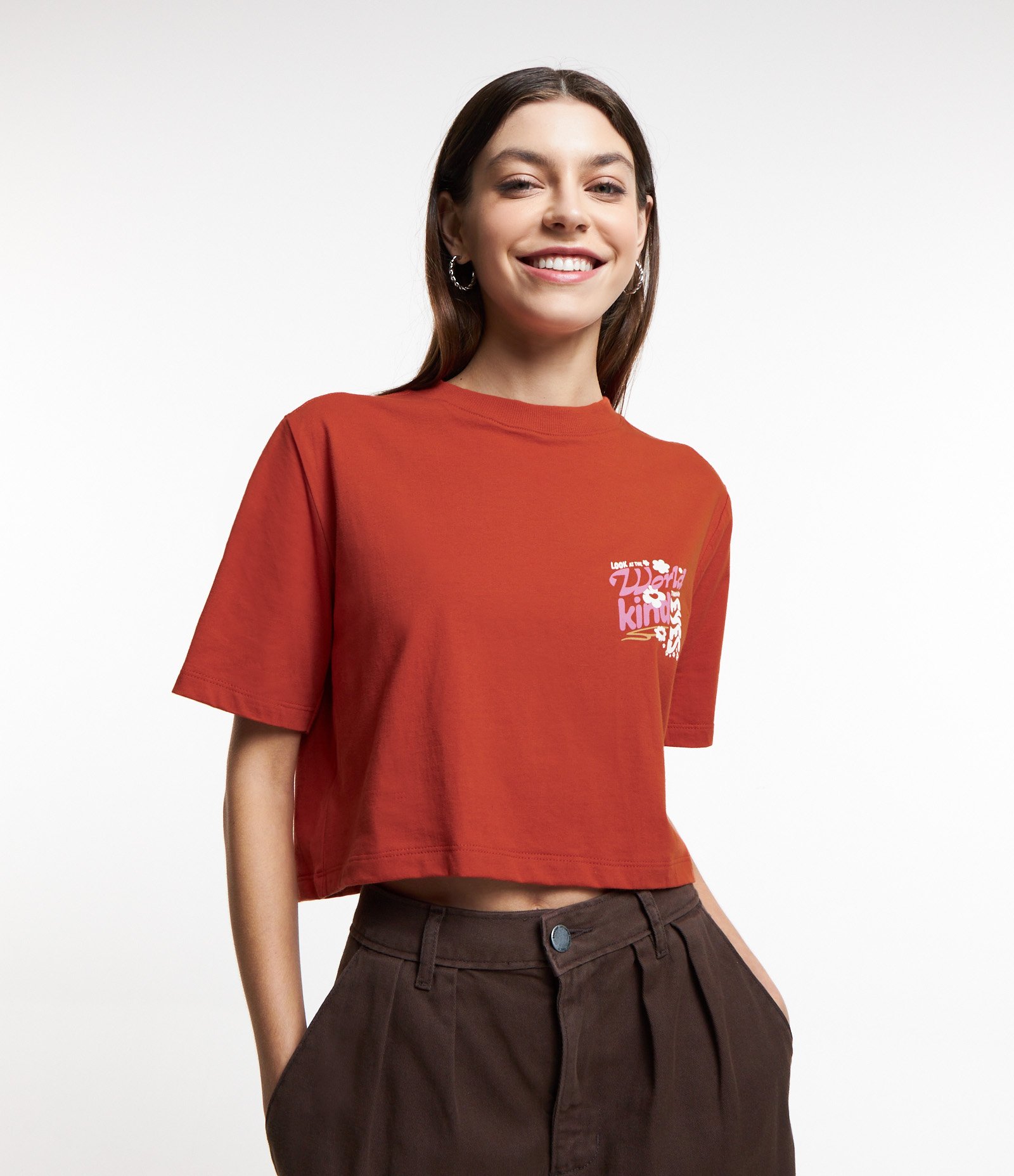 Blusa Cropped em Algodão com Lettering Kind Eyes Laranja 3