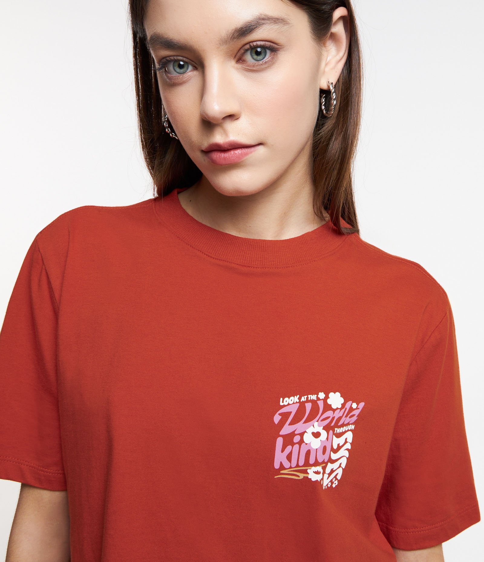 Blusa Cropped em Algodão com Lettering Kind Eyes Laranja 5