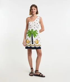 Vestido Curto em Viscose e Linho com Bordado Tropical