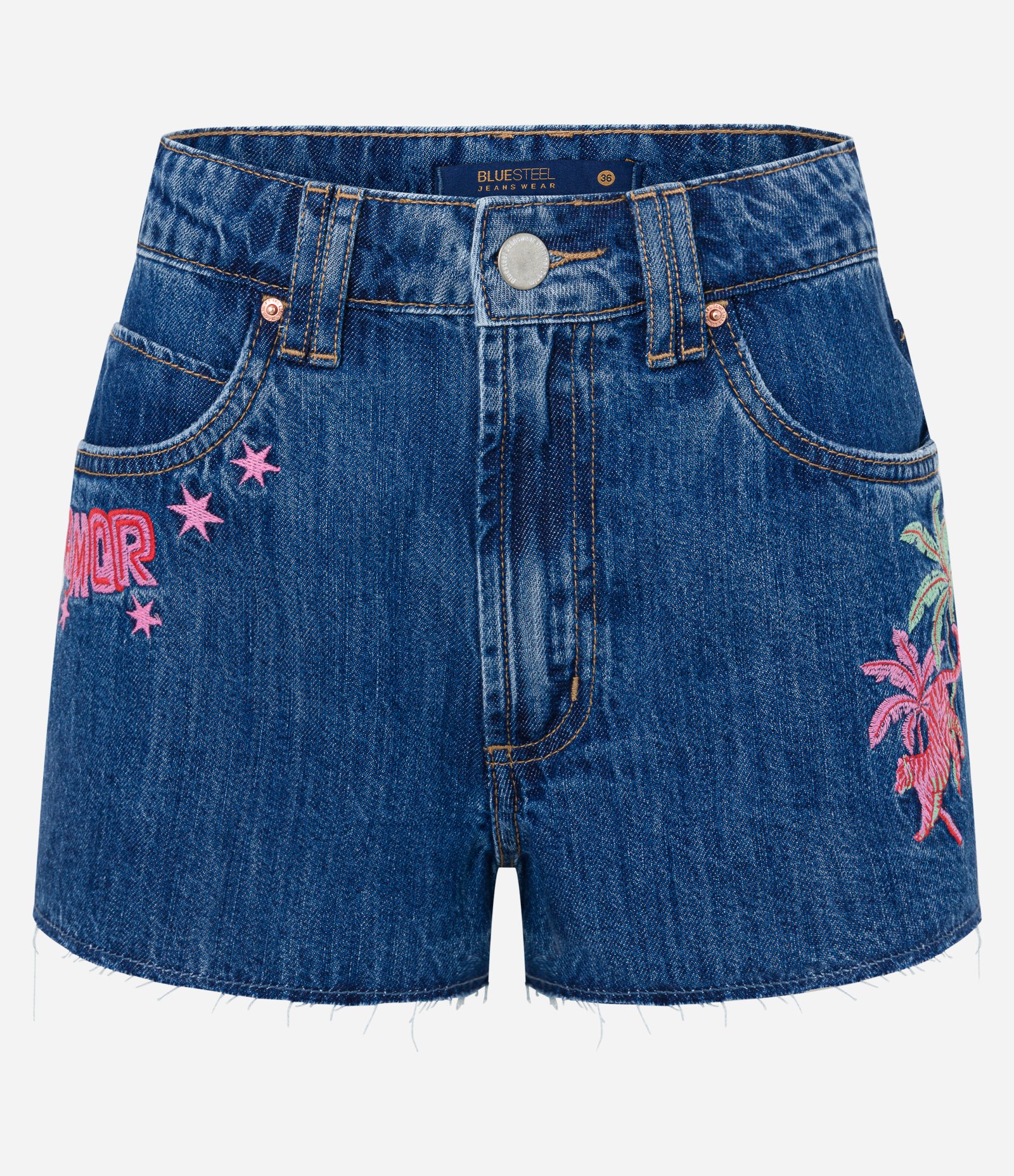 Short Cintura Alta em Jeans com Bordado Amor Tropical Azul 5