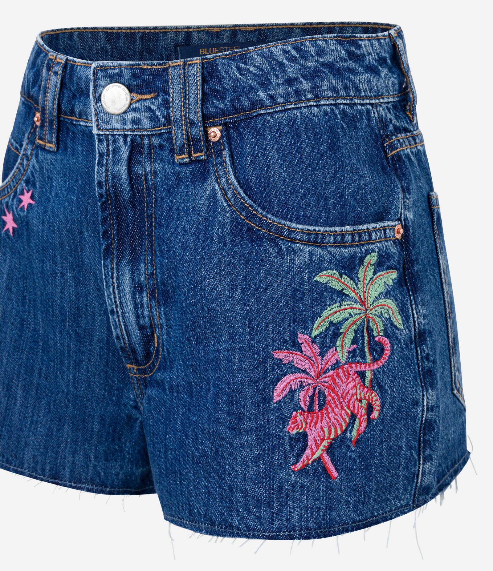 Short Cintura Alta em Jeans com Bordado Amor Tropical Azul 6