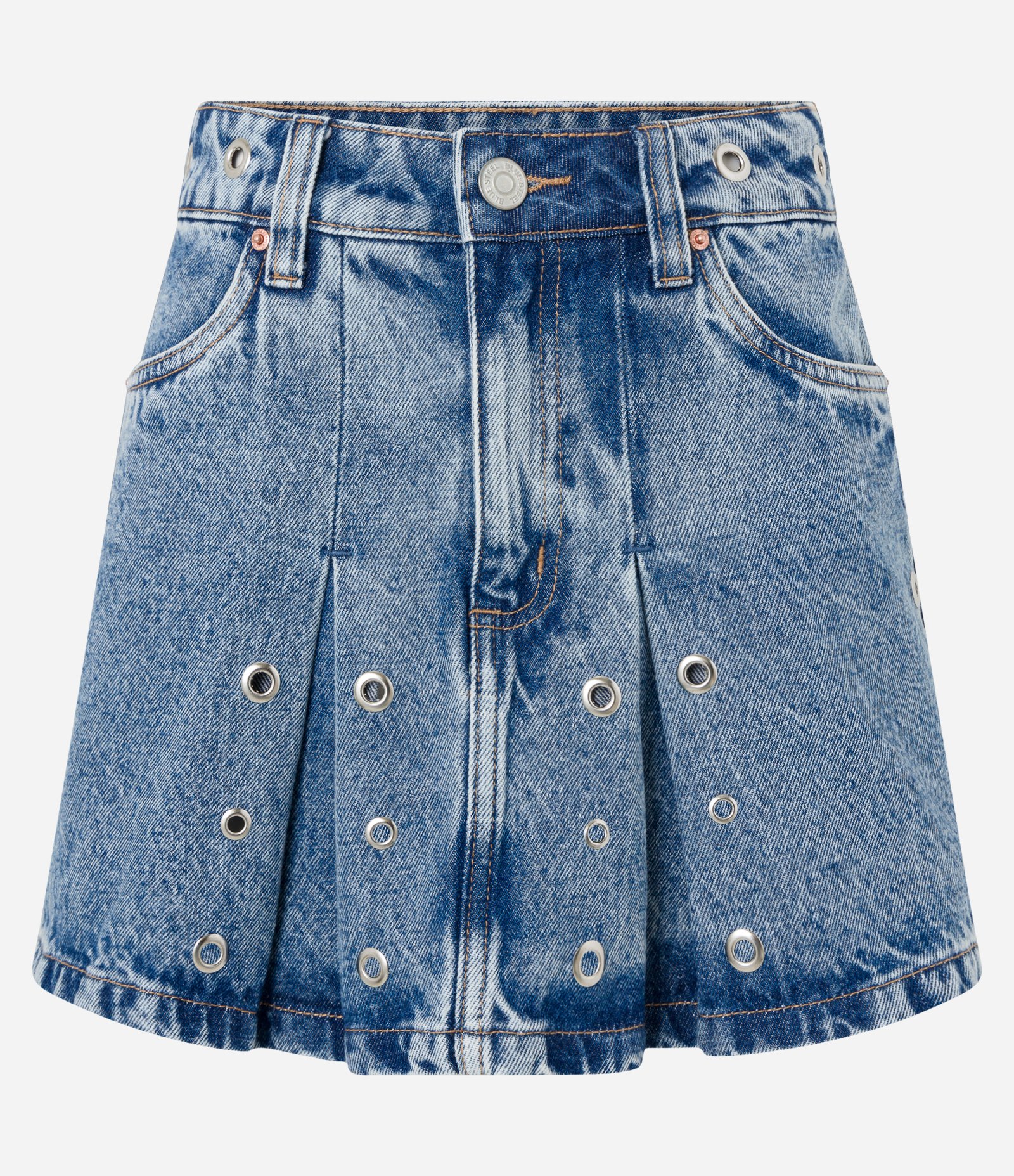 Saia Curta em Jeans com Pregas e Ilhoses Azul 6