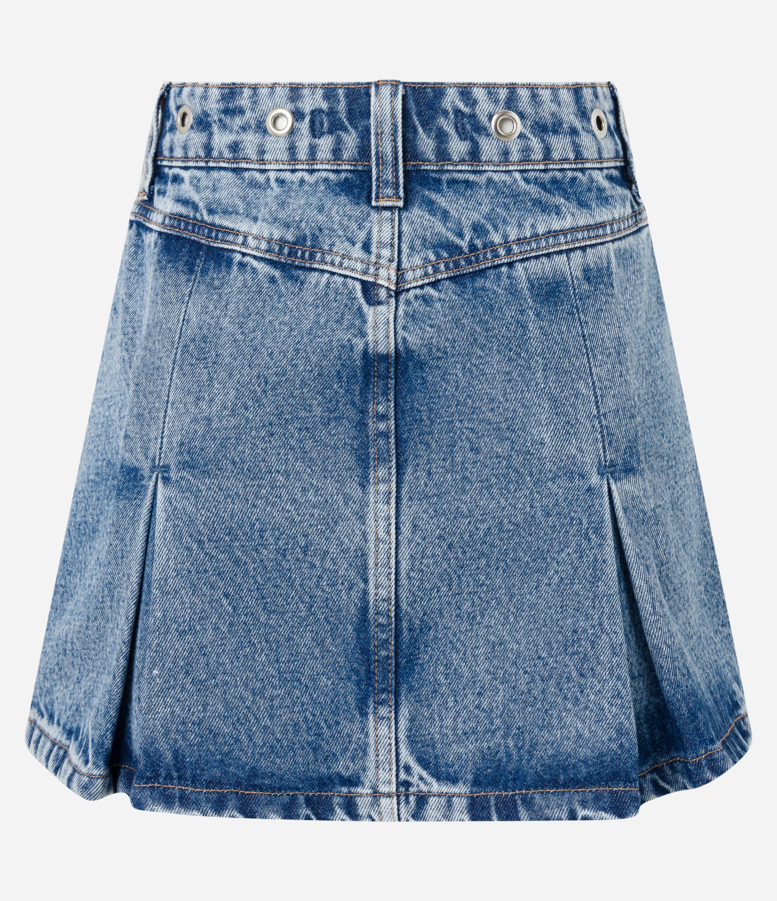 Saia Curta em Jeans com Pregas e Ilhoses Azul 7