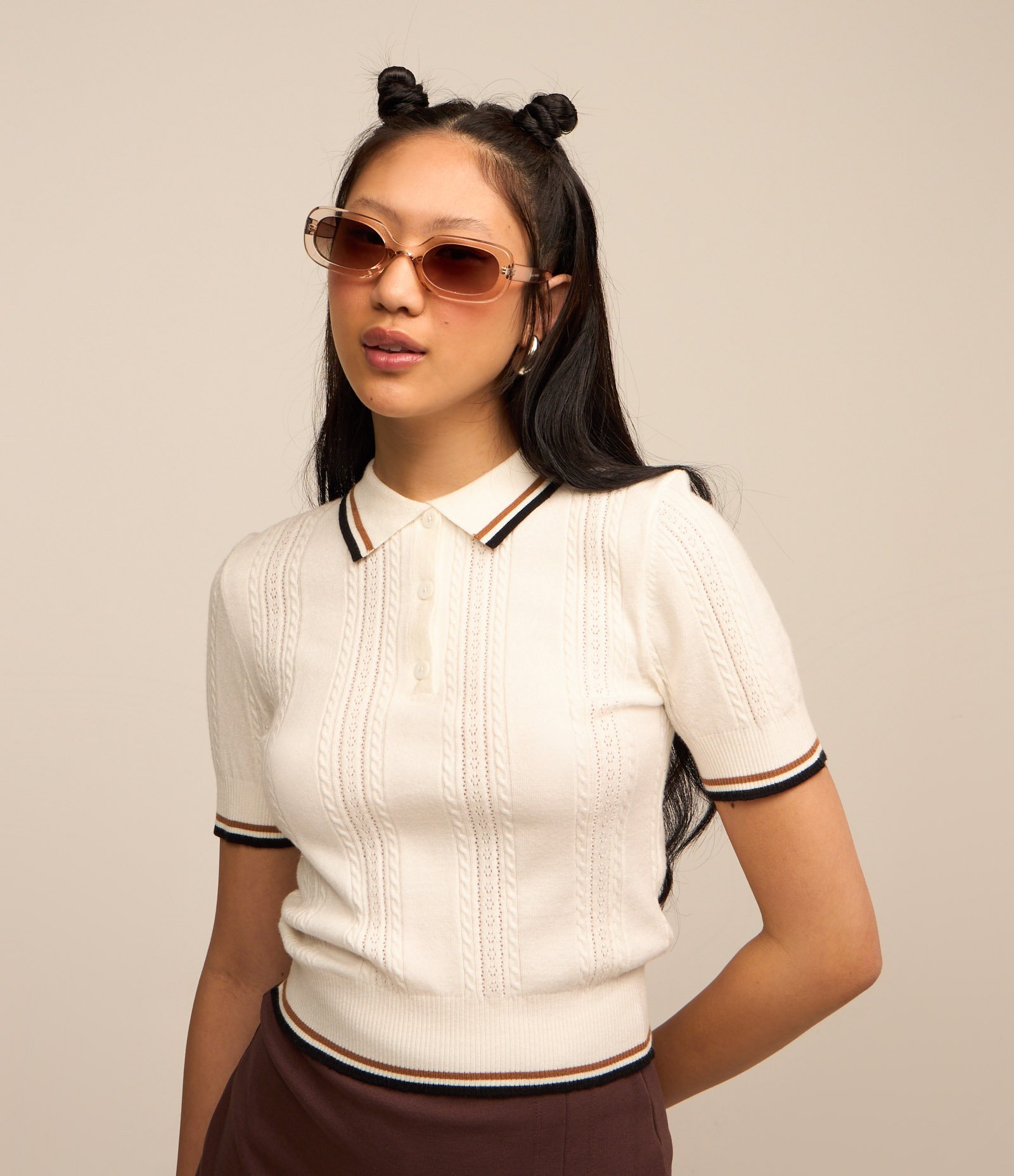 Blusa Polo em Tricô com Mix de Pontos e Listras Contrastantes Branco 1