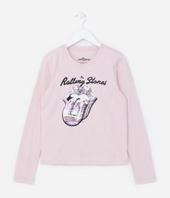 Camiseta Infantil em Algodão Estampa Rolling Stones com Paetês - Tam 5 a 14 anos