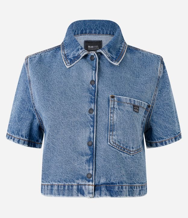 Camisa Cropped em Jeans com Bolso