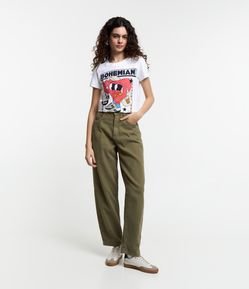 Calça Balloon Cropped Cintura Média em Sarja Texturizada