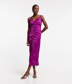 Vestido New Midi Acetinado com Franzidinho e Fenda Frontal