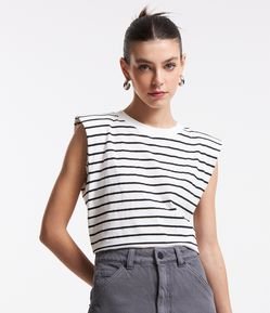 Blusa em Cotton com Obreiras e Estampa Listras