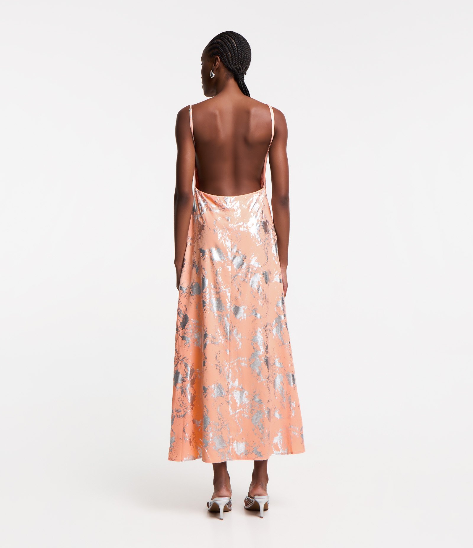 Vestido New Midi em Crepe Metalizado com Fenda Lateral e Foil Rosa 3