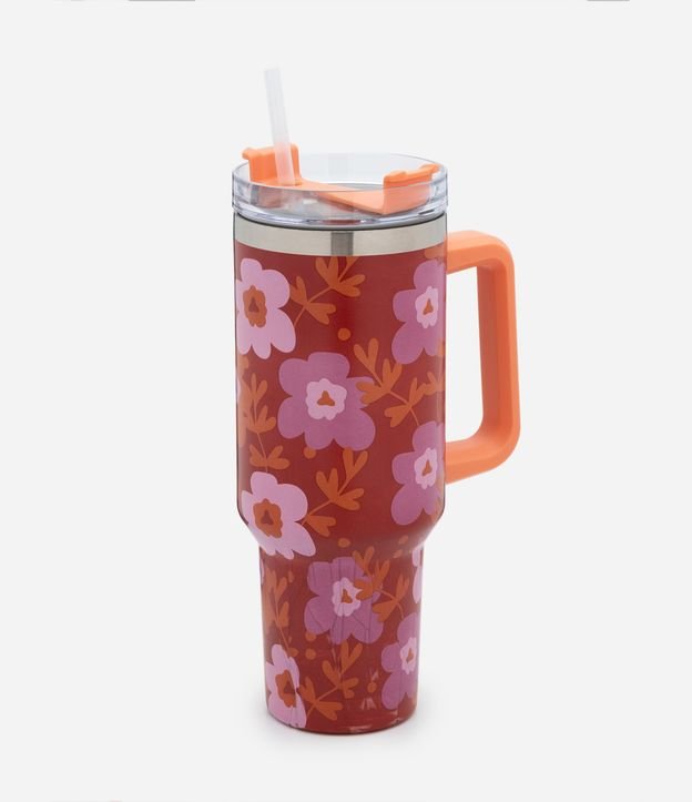 Copo de Metal com Alça e Canudo Reutilizável Com Estampa Floral
