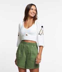 Blusa Cropped Manga 3/4 em Algodão com Bananas Bordadas