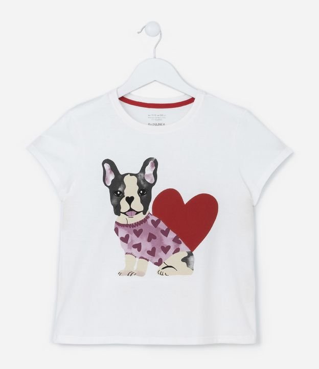 Camiseta Infantil em Algodão Estampa Bulldog Coração - Tam 5 a 14 anos Branco 1