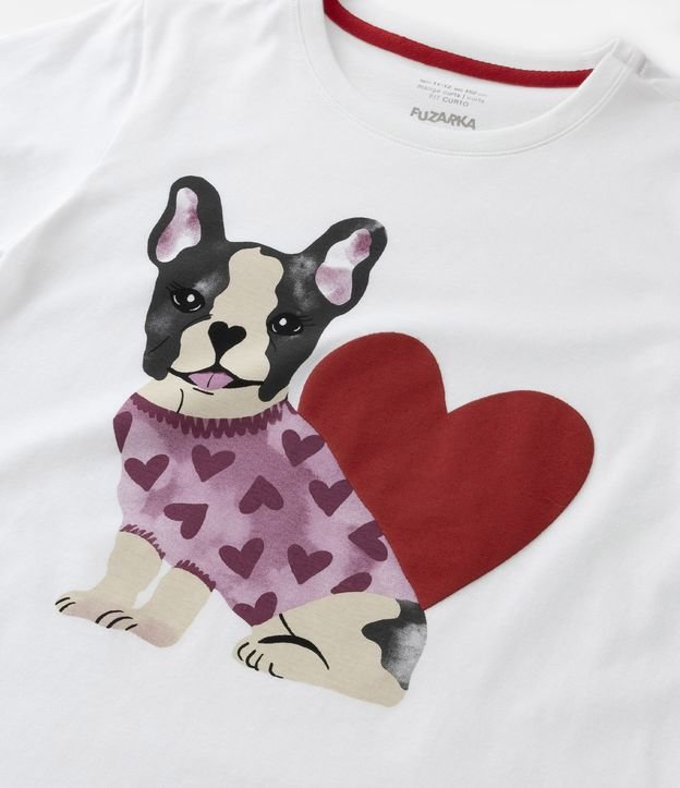 Camiseta Infantil em Algodão Estampa Bulldog Coração - Tam 5 a 14 anos Branco 4