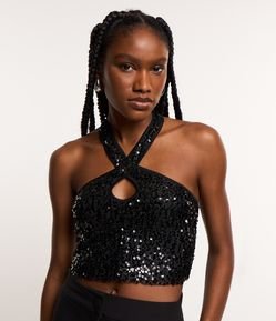 Blusa Cropped em Paetê Metalizado e Decote Cruzado