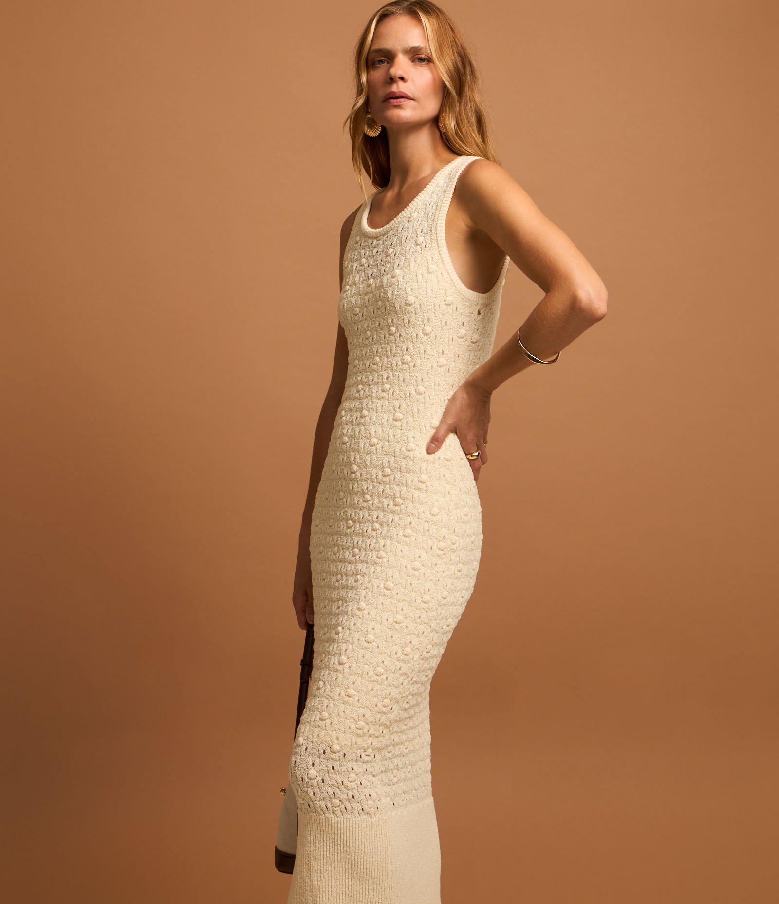 Vestido Reto Midi Sem Manga em Tricô Texturizado Off White 4