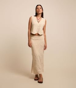 Saia Reta Midi em Tricô com Efeito Crochê