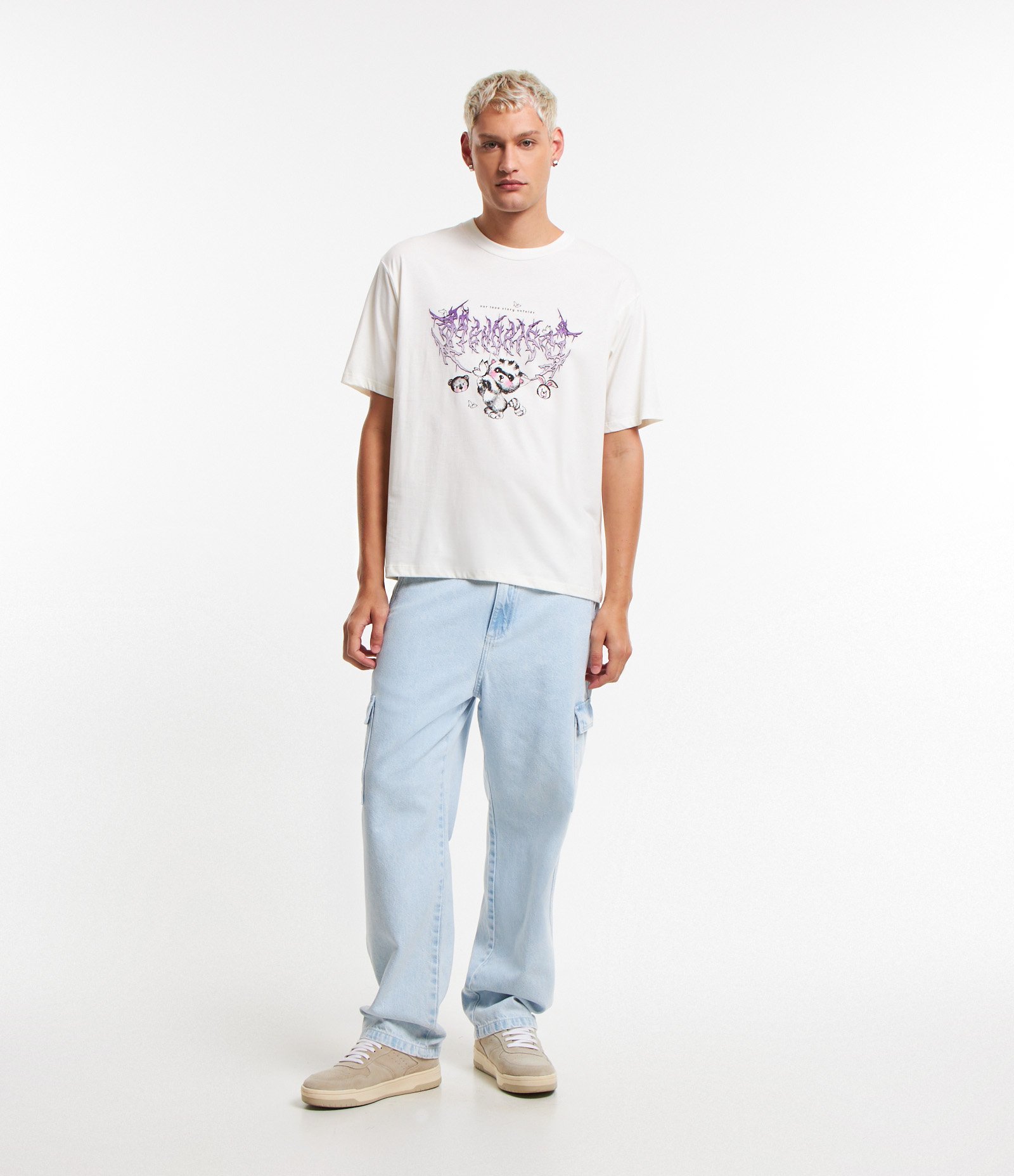 Camiseta Boxy em Algodão e Estampa Ursinho com Lettering Tribal Branco 2