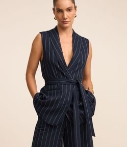 Colete Alongado Alfaiatado em Poliamida Listrada com Amarração