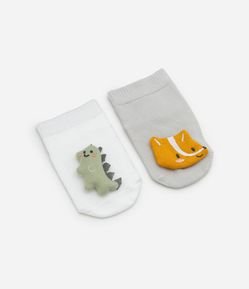 Kit 02 Meias Infantis com Bordado Dino e Raposa - Tam 0 a 12 meses