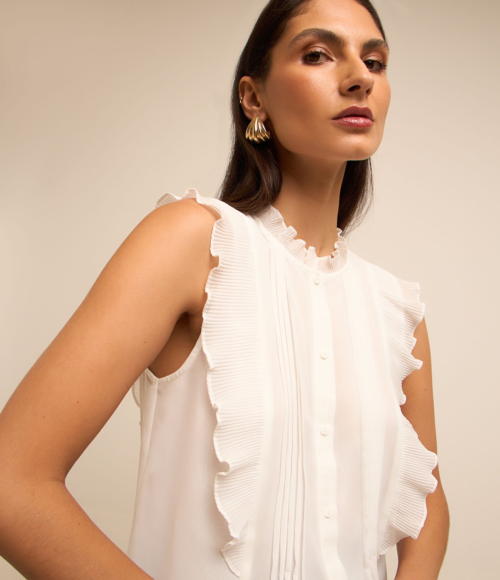 Camisa sem Manga em Chiffon com Babados e Texturas Branco Neve 2