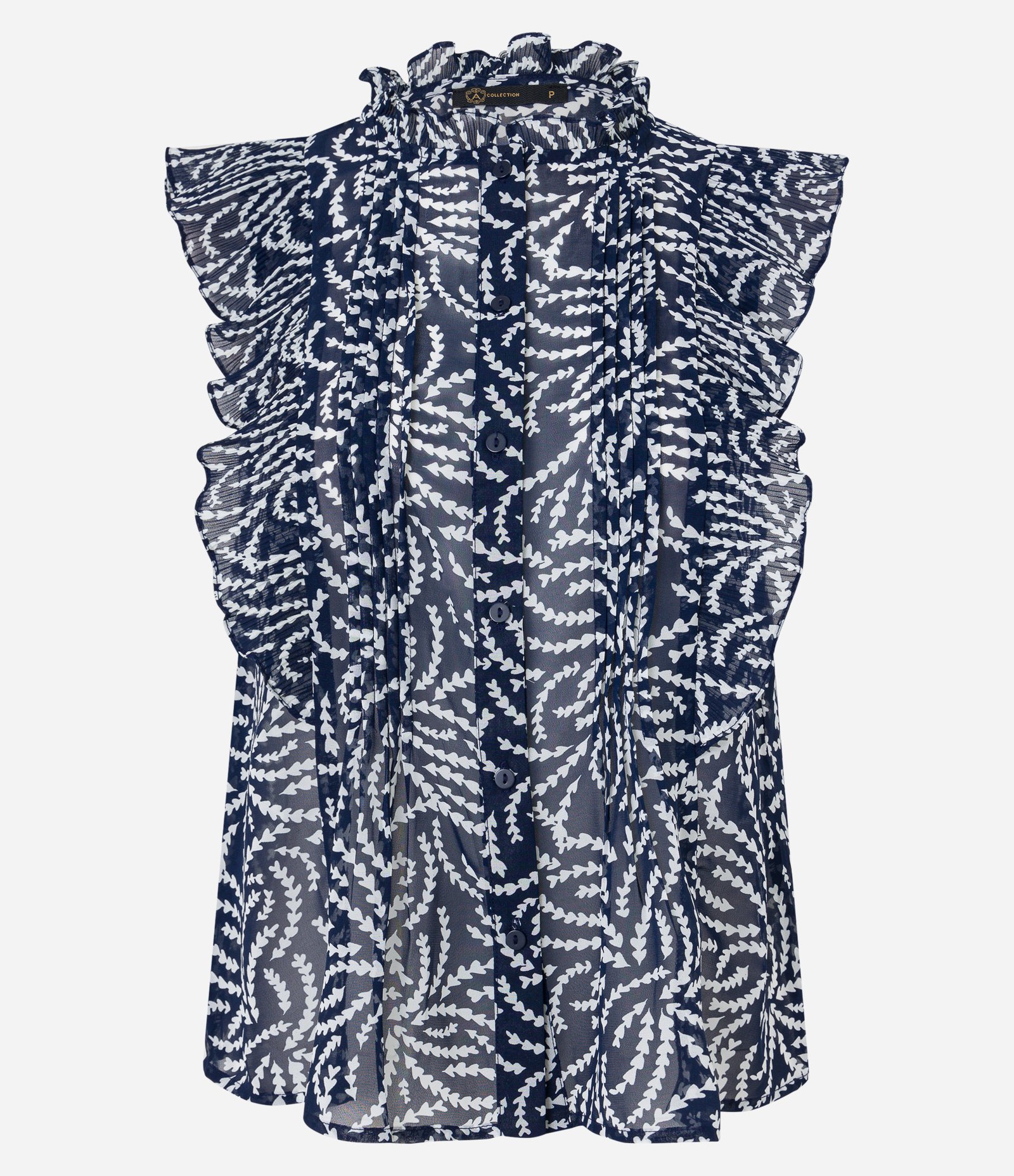 Camisa sem Manga em Chiffon com Babados e Estampa Abstrata Azul Marinho 5
