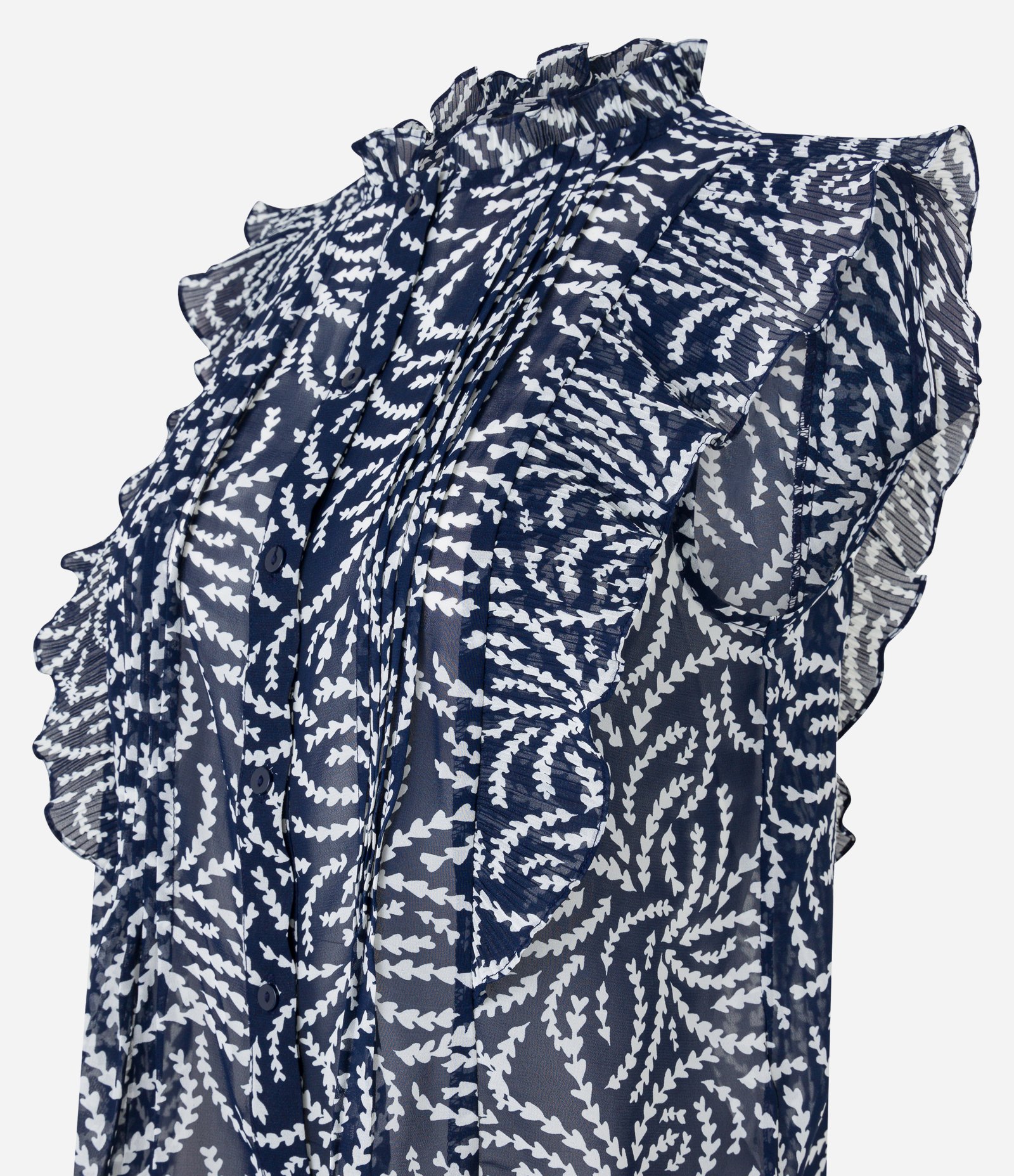 Camisa sem Manga em Chiffon com Babados e Estampa Abstrata Azul Marinho 6