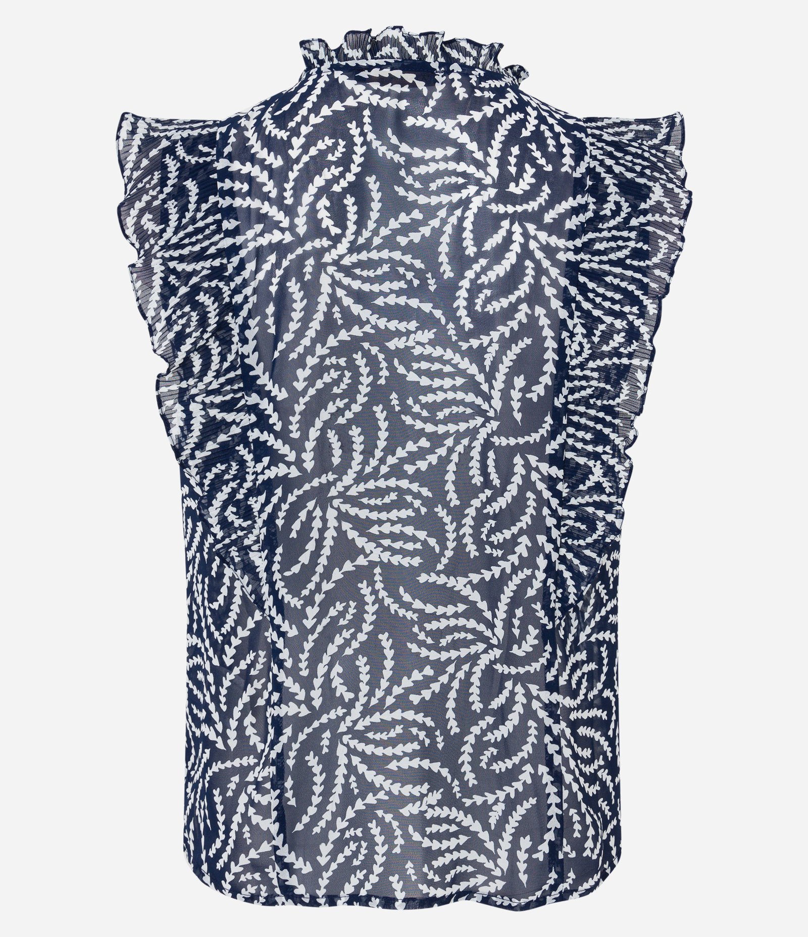 Camisa sem Manga em Chiffon com Babados e Estampa Abstrata Azul Marinho 7