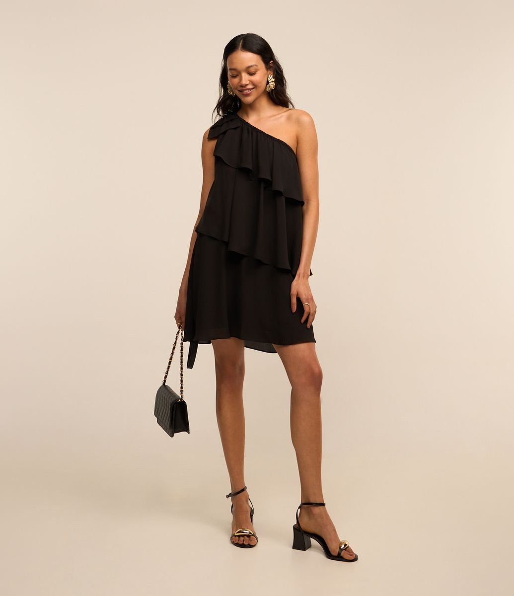 Vestido Ombro Só em Chiffon com Babados Preto