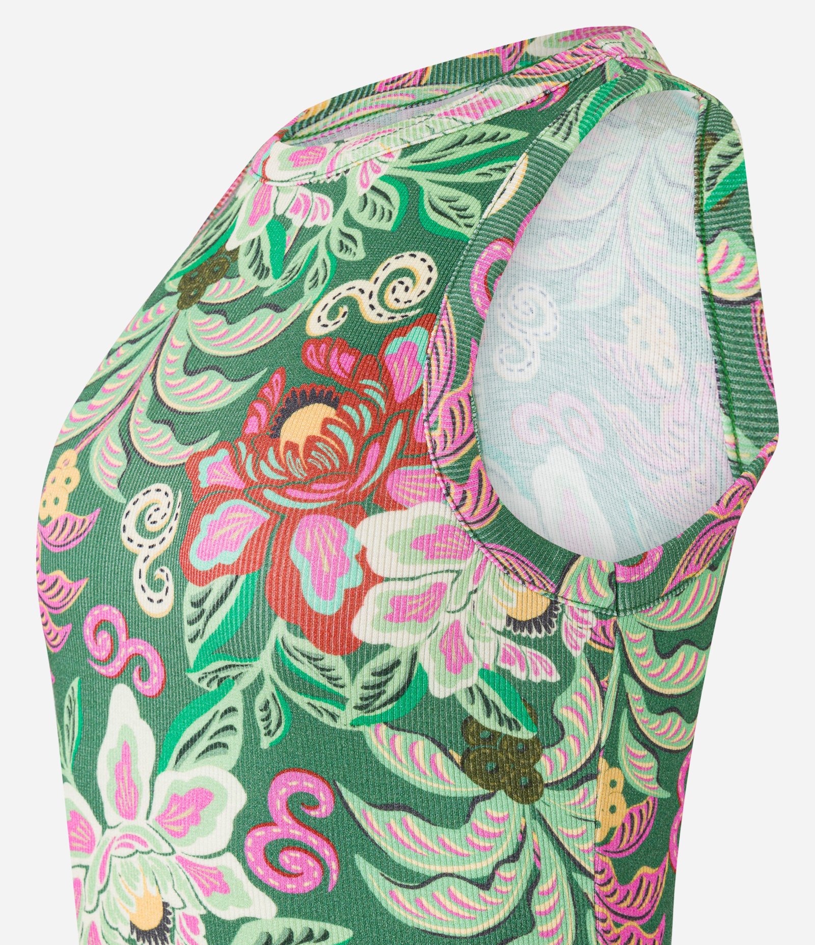 Blusa Regata Nadador em Ribana com Flores Estampadas Verde 6