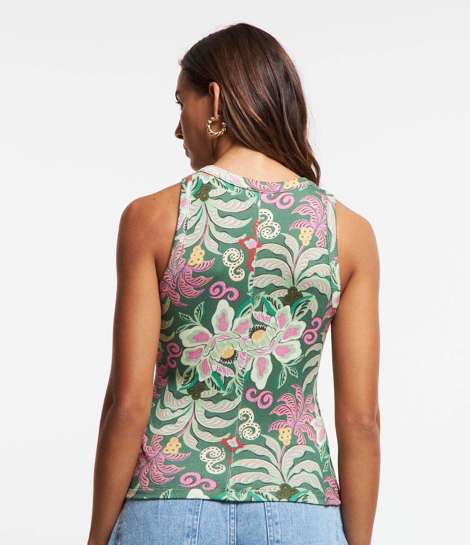Blusa Regata Nadador em Ribana com Flores Estampadas Verde 3