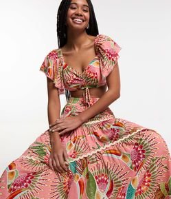 Saia New Midi em Viscose com Babados e Estampa Tucanos